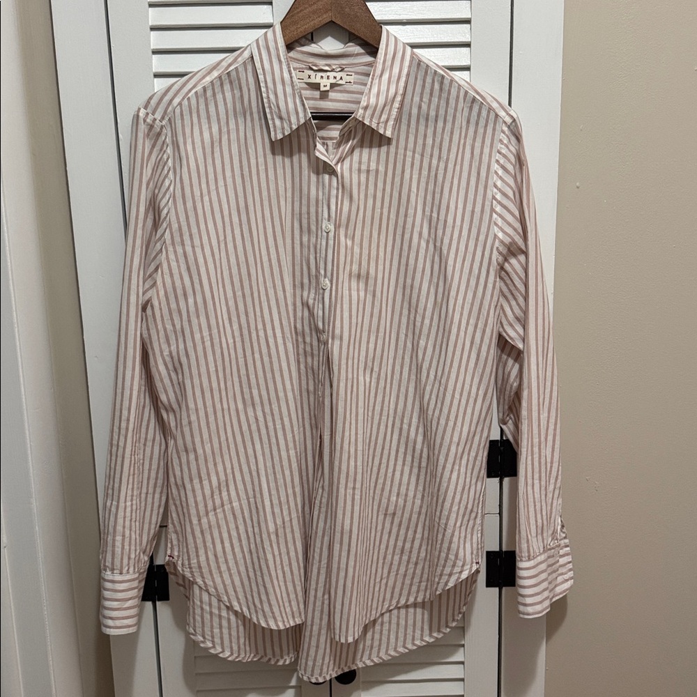 Xirena Beau Striped Pattern 100% Cotton Button Down Blouse Pink Sand Size M